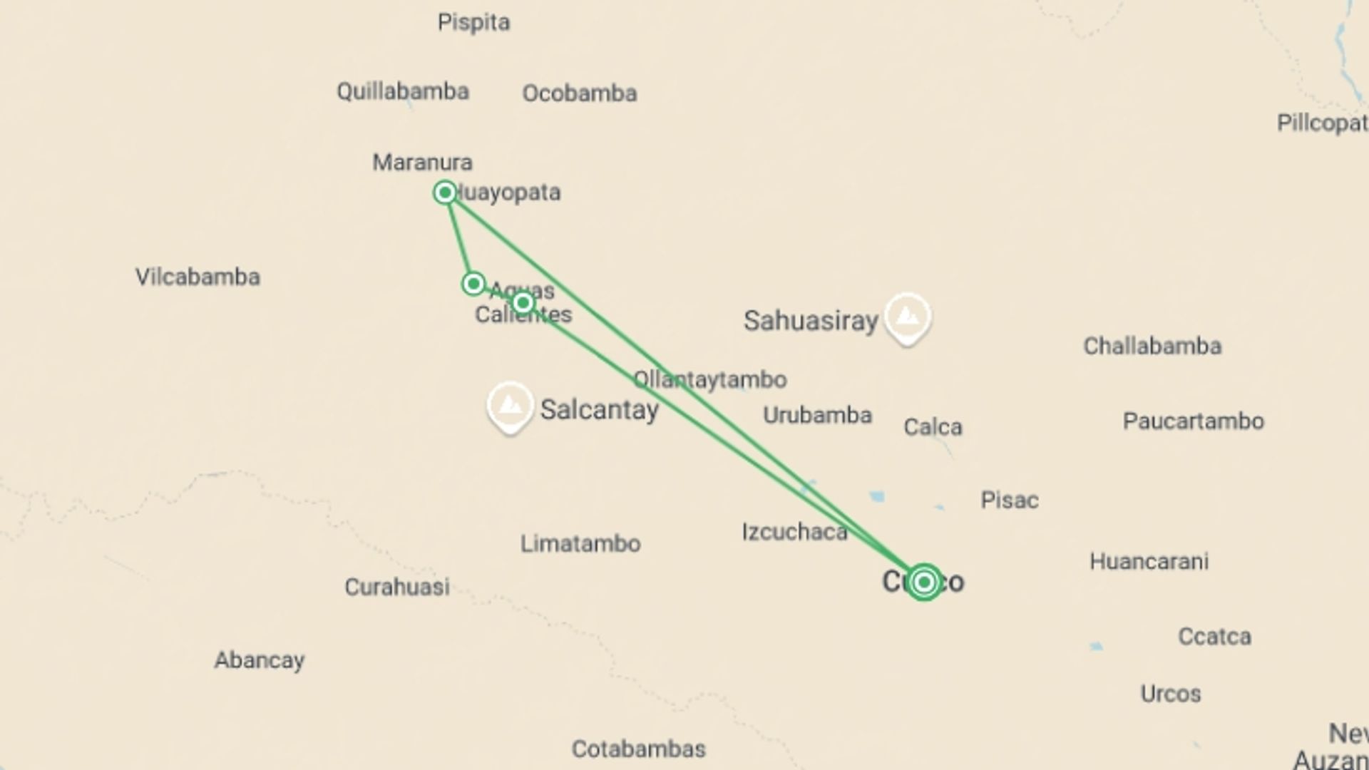A map showing the tour itinerary for the trip: Inca Jungle Trail to Machu Picchu in 4 days-GROUP SERVICE, starting in Cusco, Peru and ending in Cusco, Peru going through 4 other destinations.