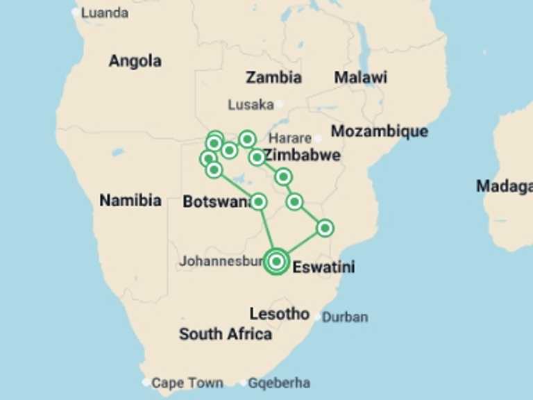 Map of a Wildlife safaris and game drives Tour with 12 destination visits for the trip: Real Southern Africa