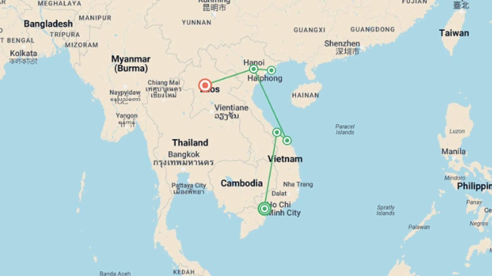 A map showing the tour itinerary for the trip: Sensational Vietnam and Laos, starting in Ho Chi Minh City, Vietnam and ending in Luang Prabang, Laos going through 4 other destinations.