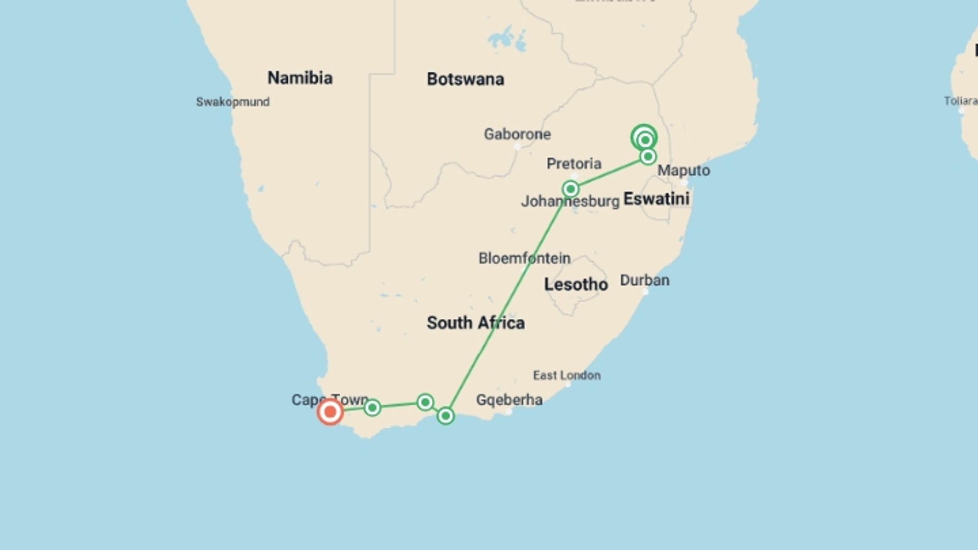 A map showing the tour itinerary for the trip: Cape Town, Kruger And Garden Route, starting in Hoedspruit, South Africa and ending in Cape Town, South Africa going through 6 other destinations.