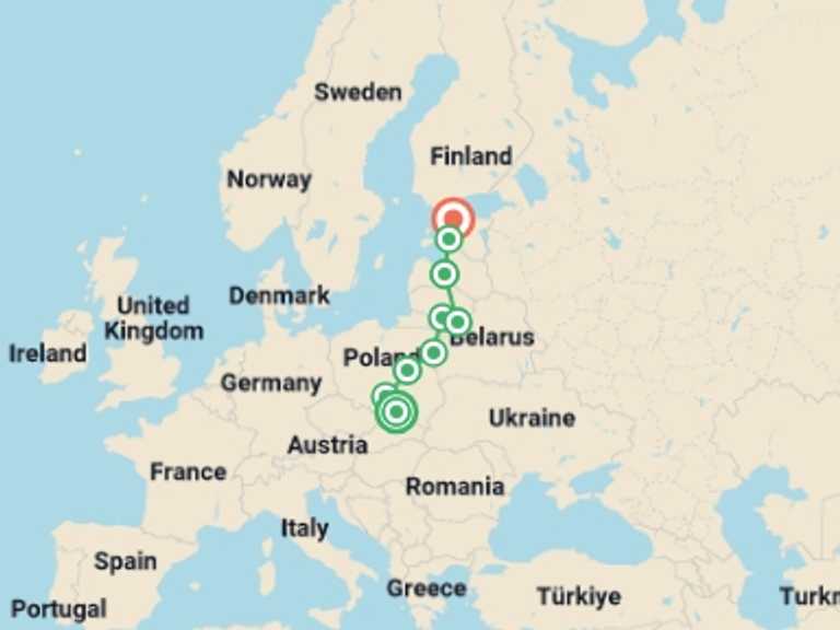 Map of a Wildlife, landscapes and nature Tour with 6 destination visits for the trip: Poland and Baltic Discovery - 13 days