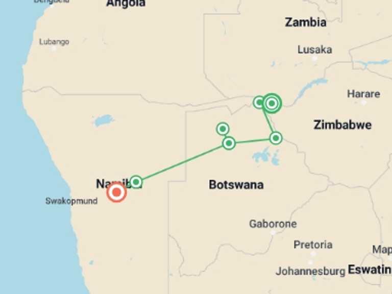 Map of Africa Tour with 7 destination visits for the trip: 8-day Chobe  Okavango Delta Express Accommodated