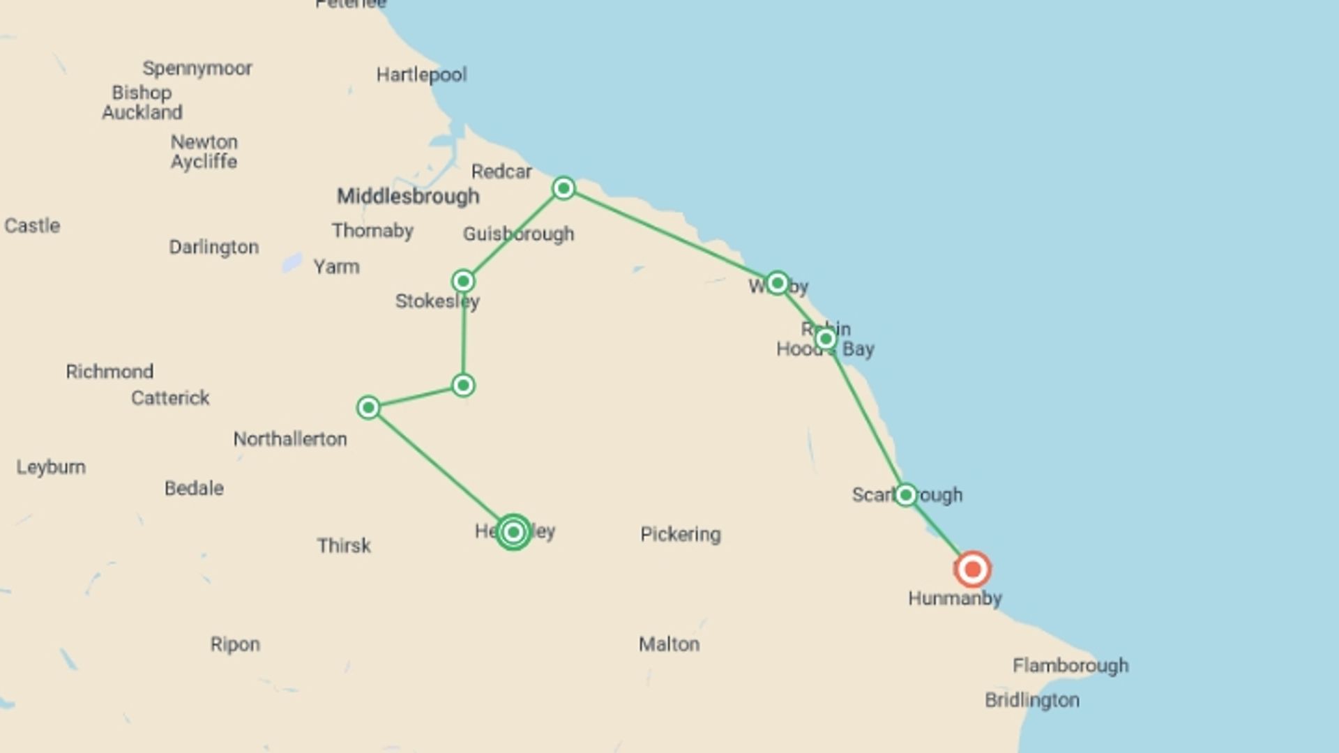 A map showing the tour itinerary for the trip: The Cleveland Way, starting in Helmsley, England and ending in Filey, England going through 7 other destinations.