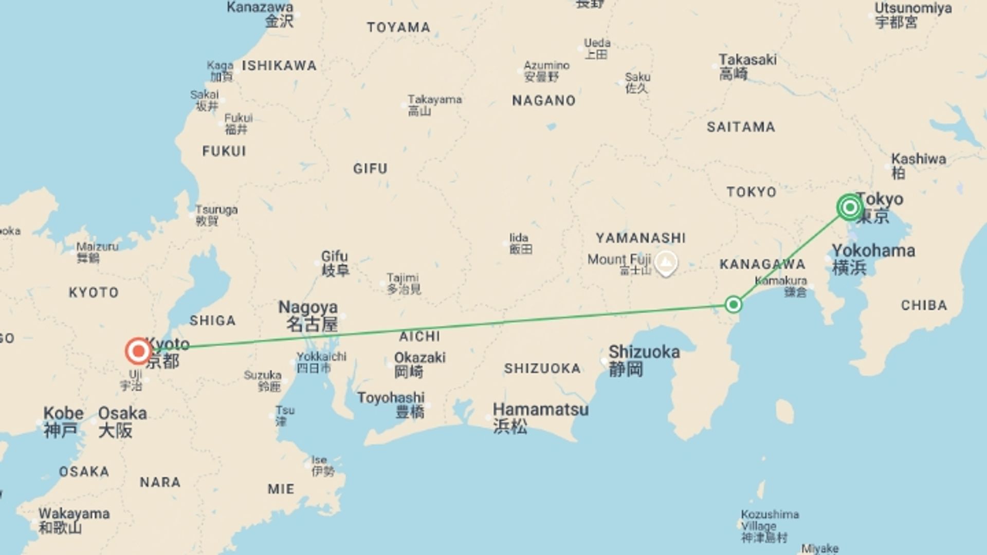A map showing the tour itinerary for the trip: Spirit of Japan, starting in Tokyo, Japan and ending in Kyoto, Japan going through 1 other destinations.