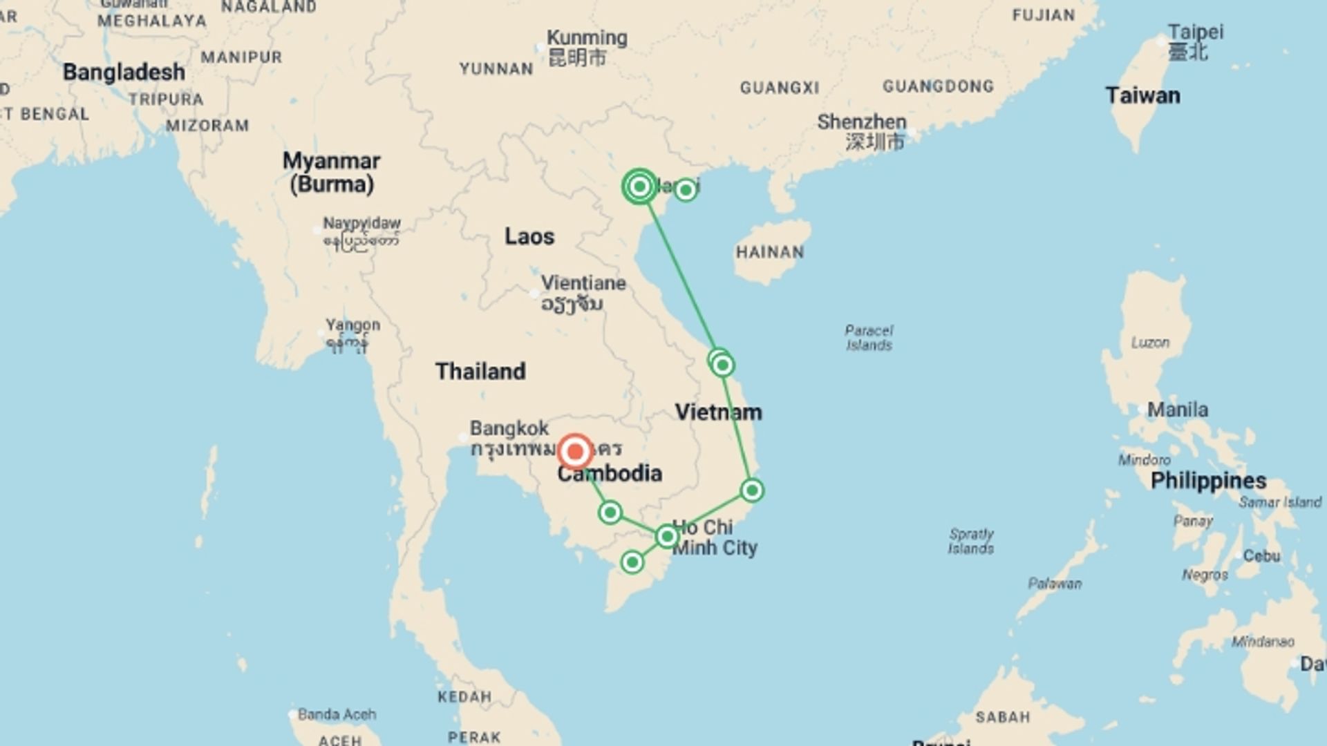 A map showing the tour itinerary for the trip: Vietnam & Cambodia: Noodles & Night Markets, starting in Hanoi, Vietnam and ending in Siem Reap, Cambodia going through 6 other destinations.