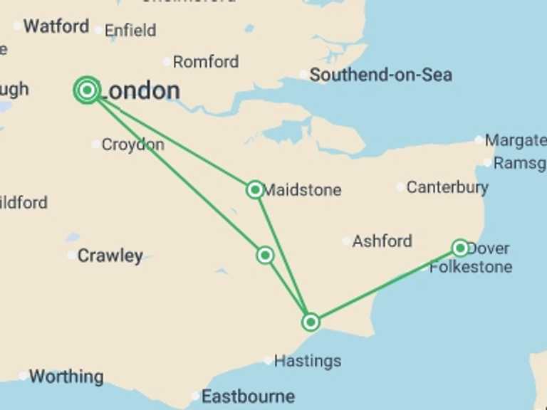 Map itinerary of England Tour in May 2026 with 3 destination visits for the trip: Kent: the Garden of England