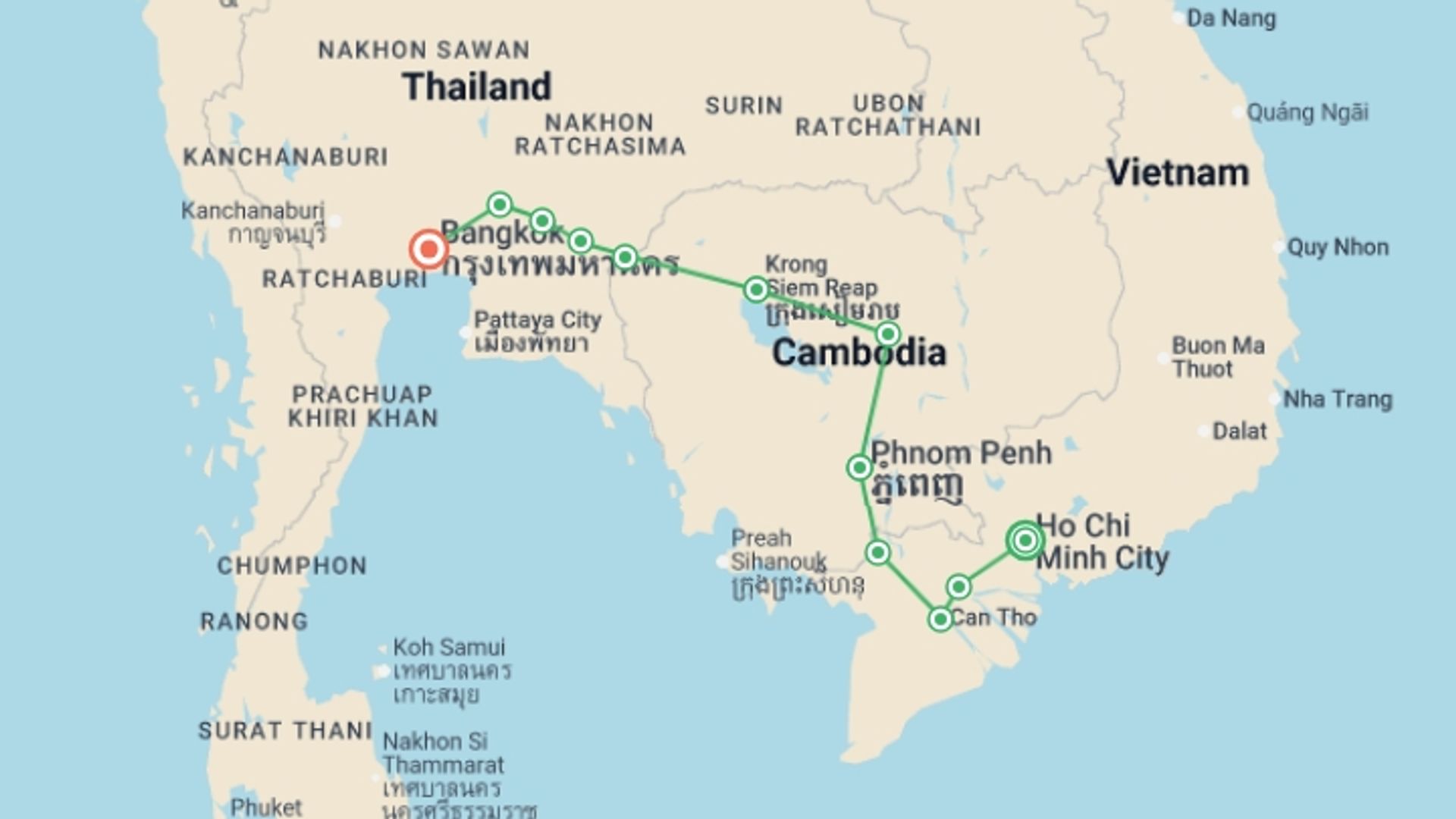 A map showing the tour itinerary for the trip: Thailand, Cambodia & Vietnam Cycling Tour, starting in Ho Chi Minh City, Vietnam and ending in Bangkok, Thailand going through 10 other destinations.
