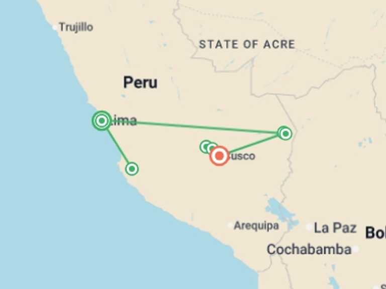 Map of South America Tour with 6 destination visits for the trip: Premium Peru with Ica Valley
