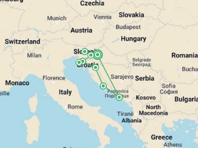 Map of Zagreb City sightseeing Tour with 2 destination visits for the trip: Discover Croatia, Slovenia and the Adriatic Coast 