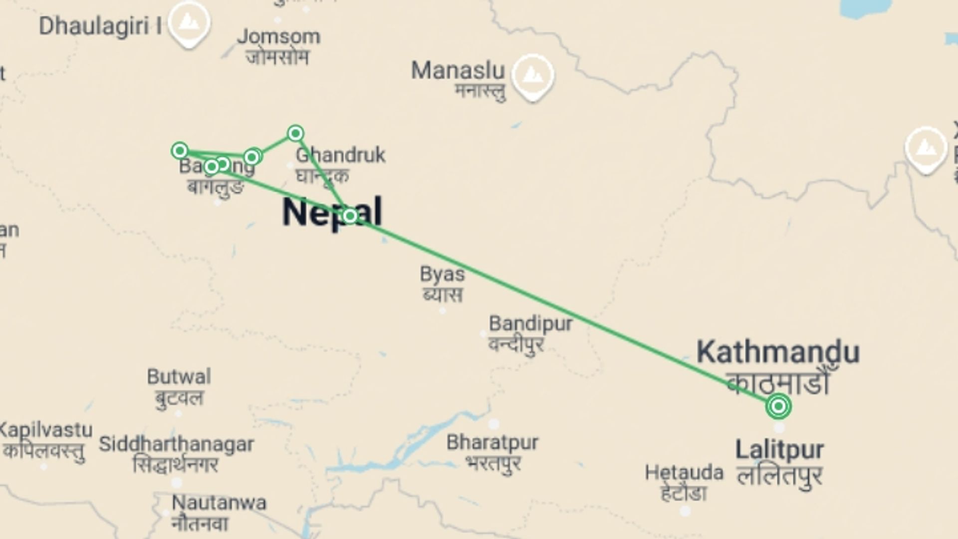A map showing the tour itinerary for the trip: Mohare Danda Trek: Return via Poon Hill, starting in Kathmandu, Nepal and ending in Kathmandu, Nepal going through 7 other destinations.