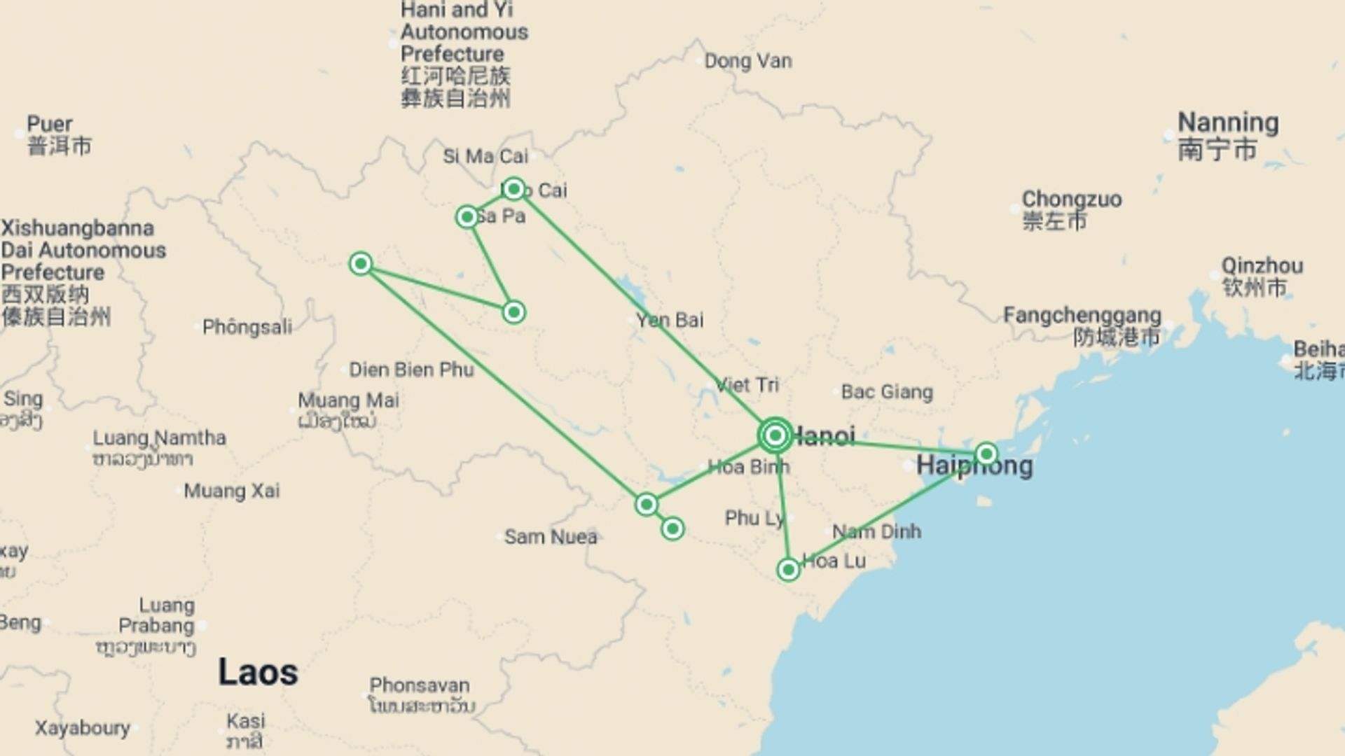 A map showing the tour itinerary for the trip: Mystique Vietnam - 13 days, starting in Hanoi, Vietnam and ending in Hanoi, Vietnam going through 8 other destinations.