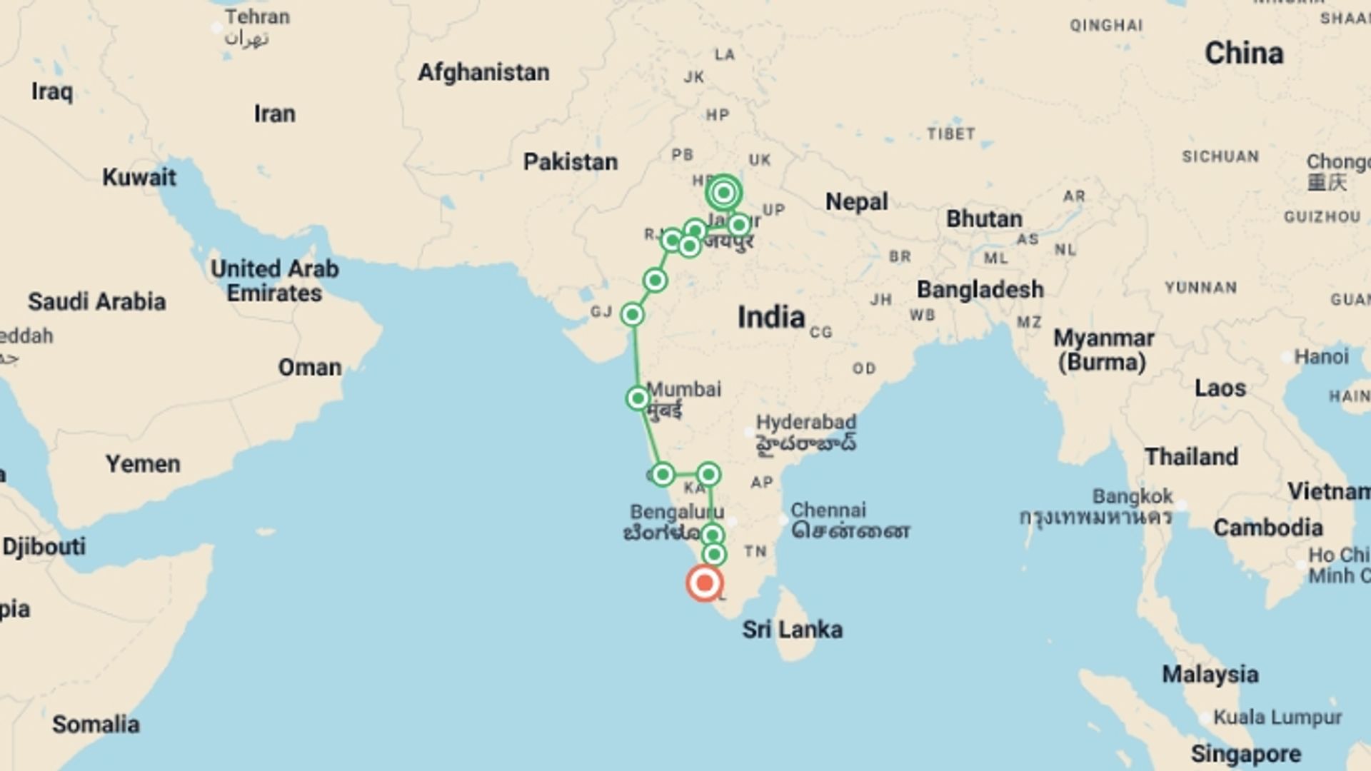 A map showing the tour itinerary for the trip: Delhi to Kochi: Hampi Ruins & The Taj Mahal, starting in New Delhi, India and ending in Kerala & Tamil Nadu, India going through 12 other destinations.