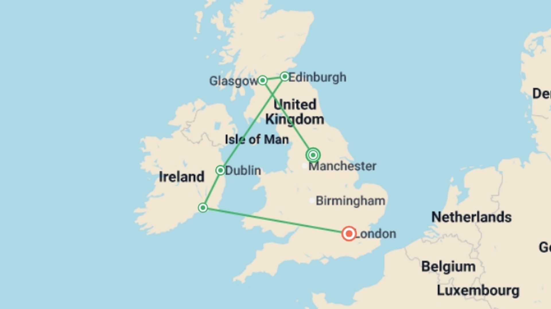 A map showing the tour itinerary for the trip: Britain and Ireland Delight, starting in Bradford, England and ending in London, England going through 4 other destinations.
