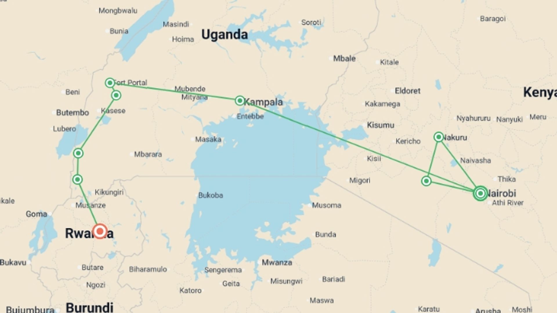 A map showing the tour itinerary for the trip: Kenya to Rwanda: The Maasai Mara, Gorillas & Chimps, starting in Nairobi, Kenya and ending in Kigali, Rwanda going through 5 other destinations.