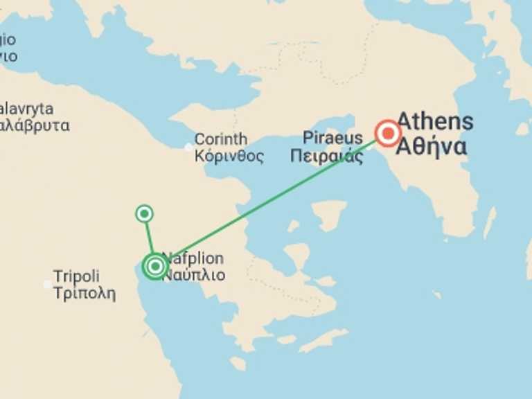 Map of Europe Tour with 2 destination visits for the trip: 2-day Escape To Nafplio From Athens