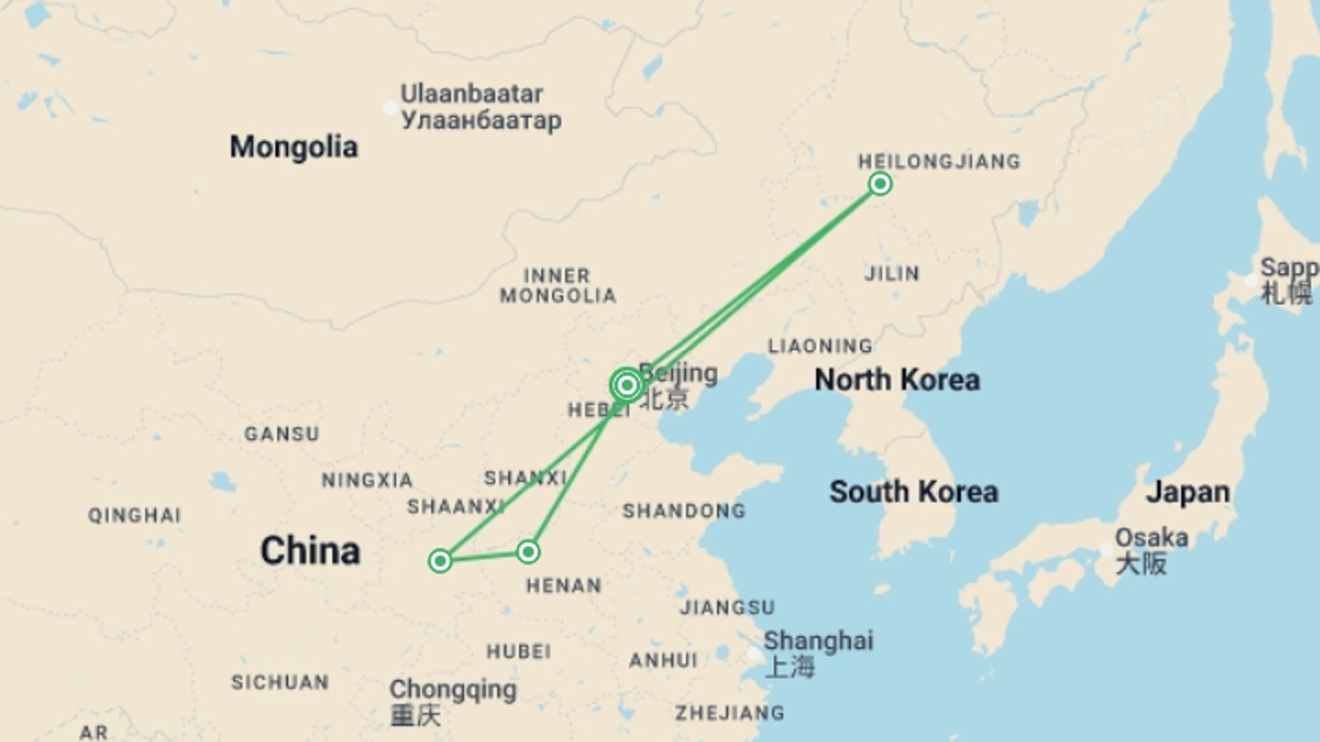 A map showing the tour itinerary for the trip: Harbin Ice Festival - 11 days, starting in Beijing, China and ending in Beijing, China going through 3 other destinations.