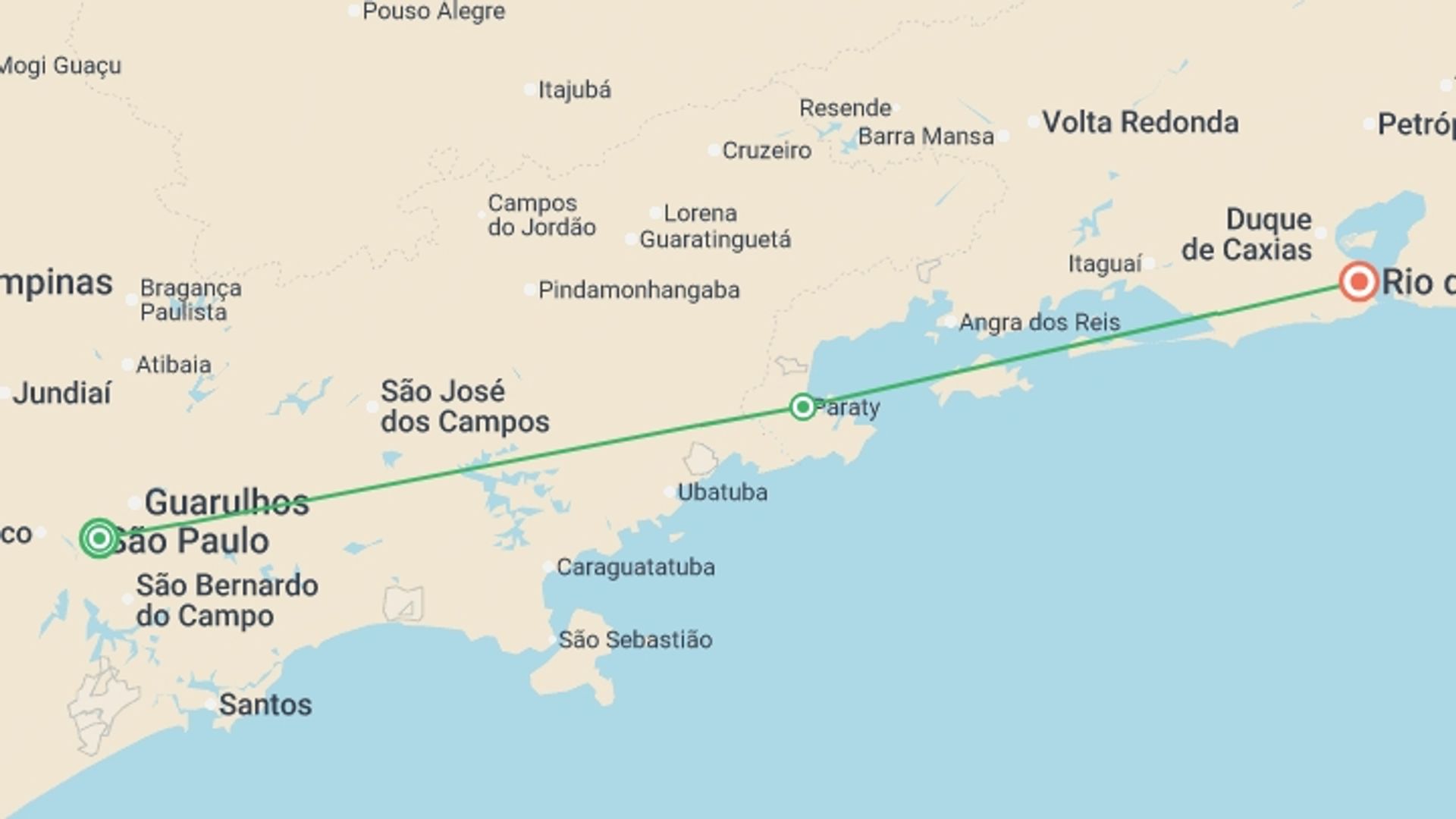 A map showing the tour itinerary for the trip: Carnival in Brazil, starting in Sao Paulo, Brazil and ending in Rio de Janeiro, Brazil going through 1 other destinations.