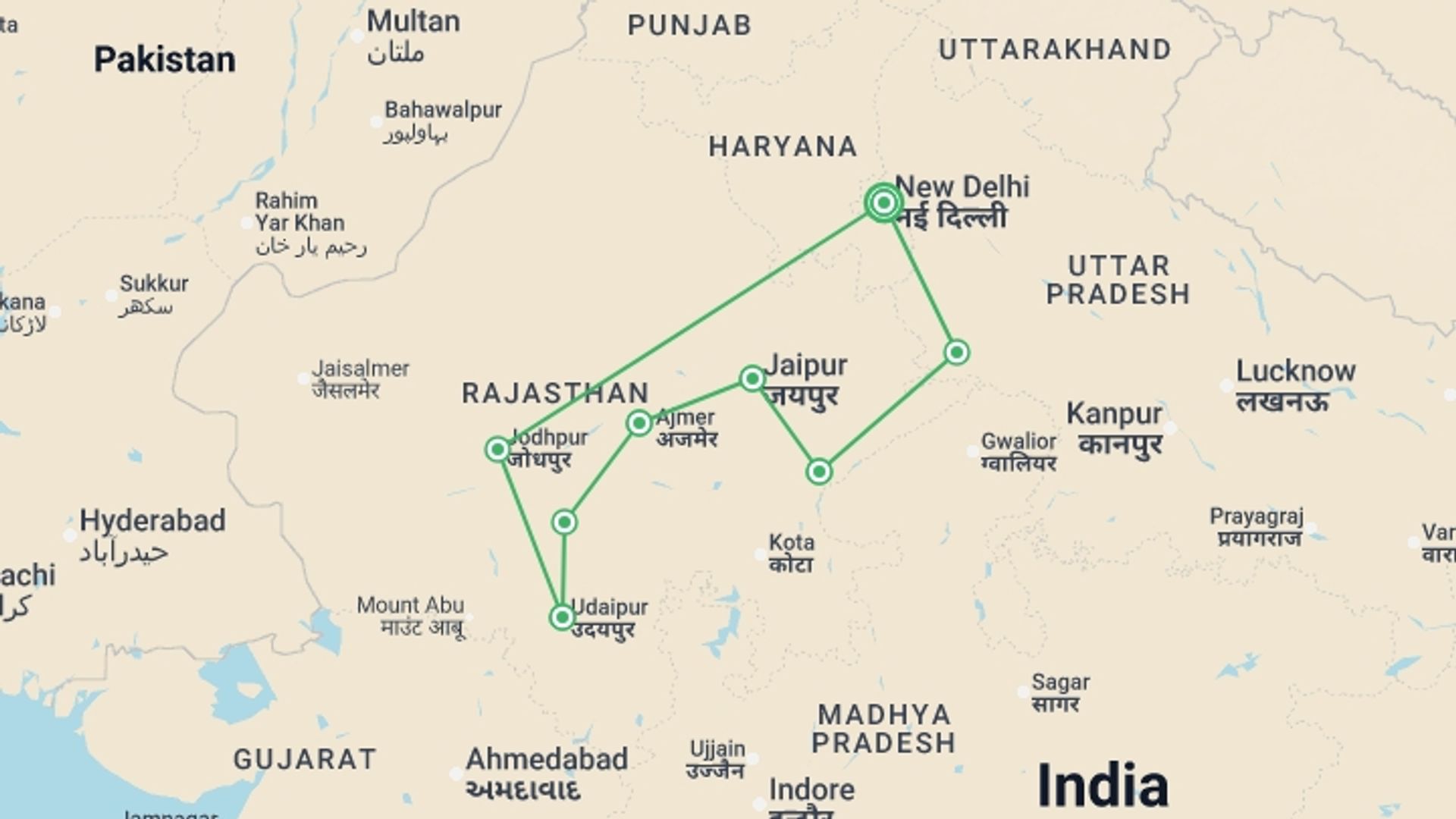 A map showing the tour itinerary for the trip: Rajasthan Adventure, starting in New Delhi, India and ending in New Delhi, India going through 7 other destinations.