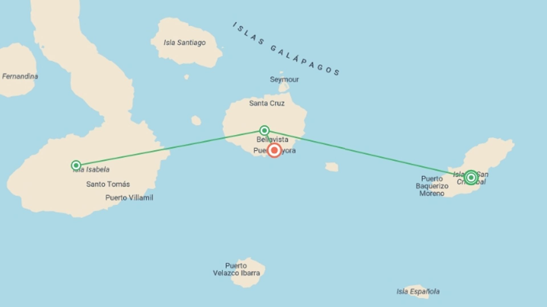 A map showing the tour itinerary for the trip: Galapagos Experience, starting in San Cristobal Island, Ecuador and ending in Puerto Ayora, Ecuador going through 4 other destinations.