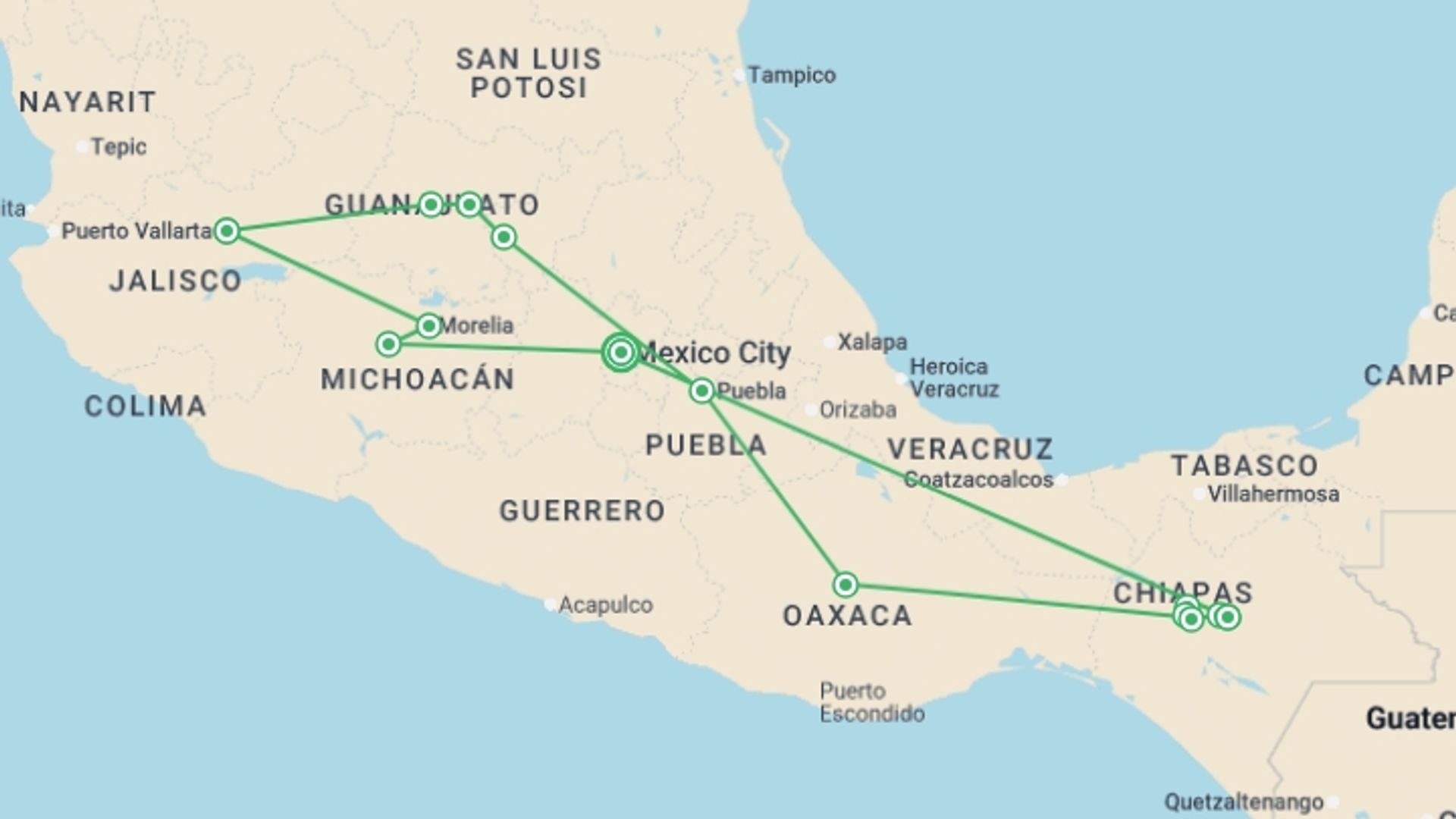 A map showing the tour itinerary for the trip: Mexican dream, starting in Mexico City, Mexico and ending in Mexico City, Mexico going through 8 other destinations.
