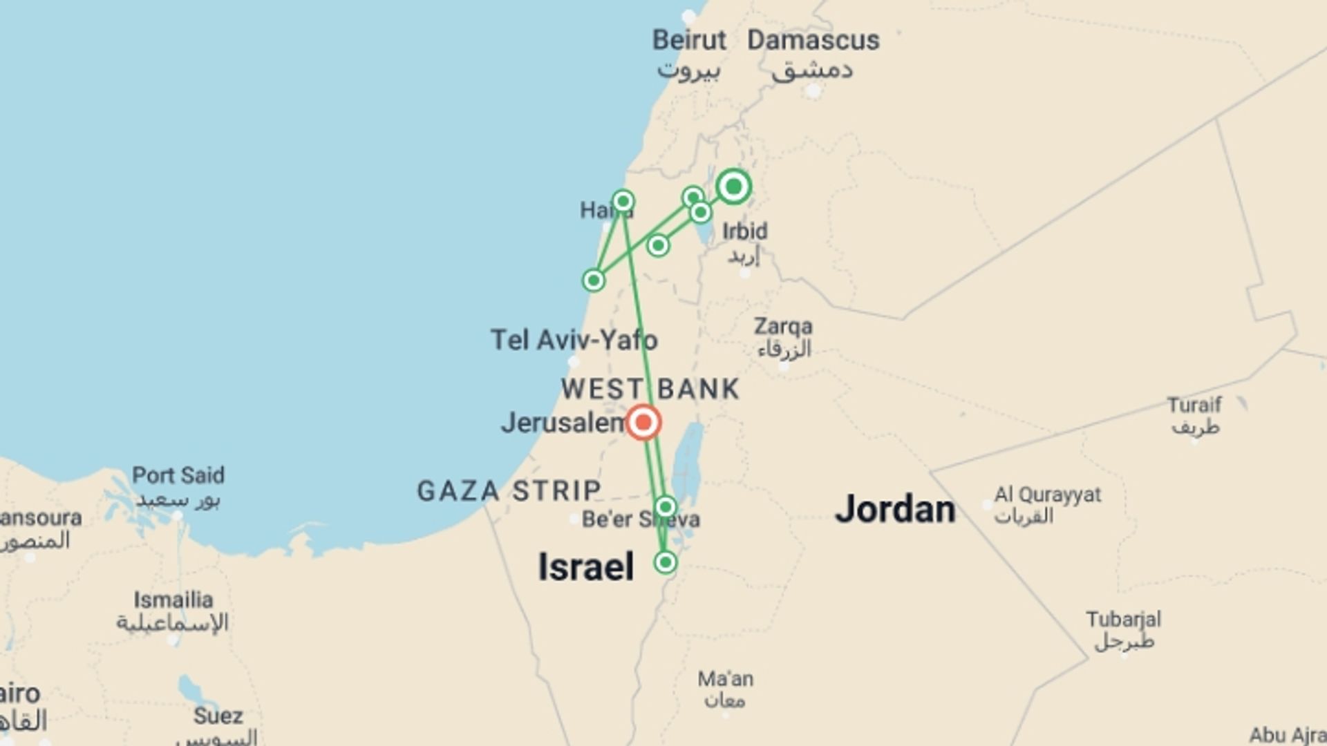 A map showing the tour itinerary for the trip: Classical Israel Tour Package, 5 Days From Jerusalem, starting in Ramot Naftali, Israel and ending in Ramot Naftali, Israel going through 5 other destinations.