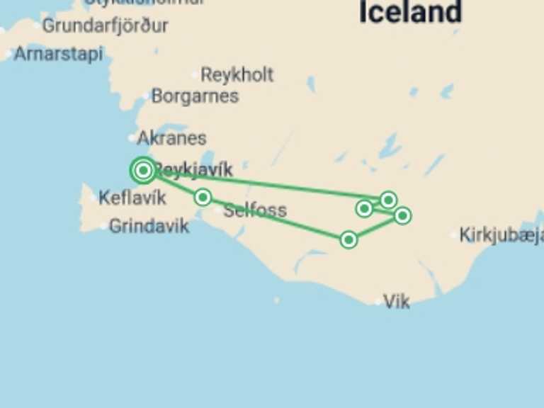 Map itinerary of Reykjavik Tour in Fall with 4 destination visits for the trip: Laugavegur Trek 4D/3N