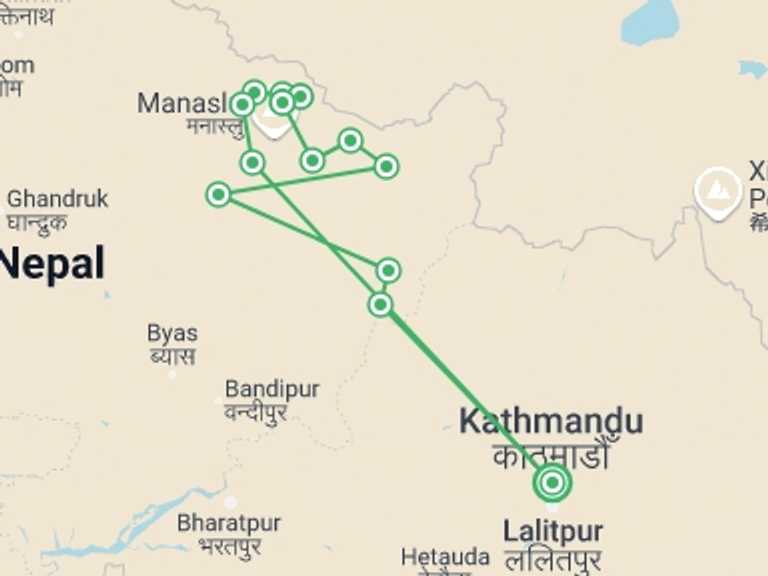 Map itinerary of Nepal Tour in Winter with 13 destination visits for the trip: Manaslu Circuit Trek: 14 Days