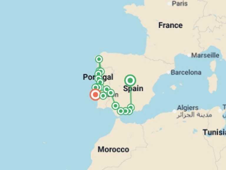 Map of Europe Tour with 8 destination visits for the trip: Andalusia and Portugal completely