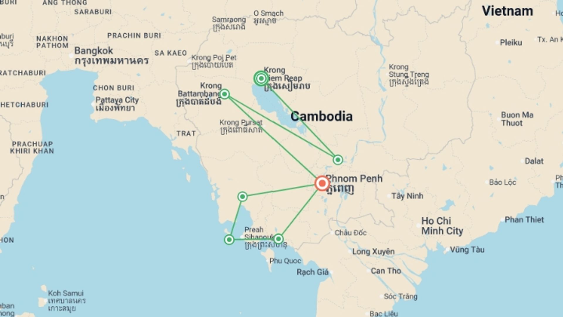A map showing the tour itinerary for the trip: Heart of Cambodia, starting in Siem Reap, Cambodia and ending in Phnom Penh, Cambodia going through 5 other destinations.