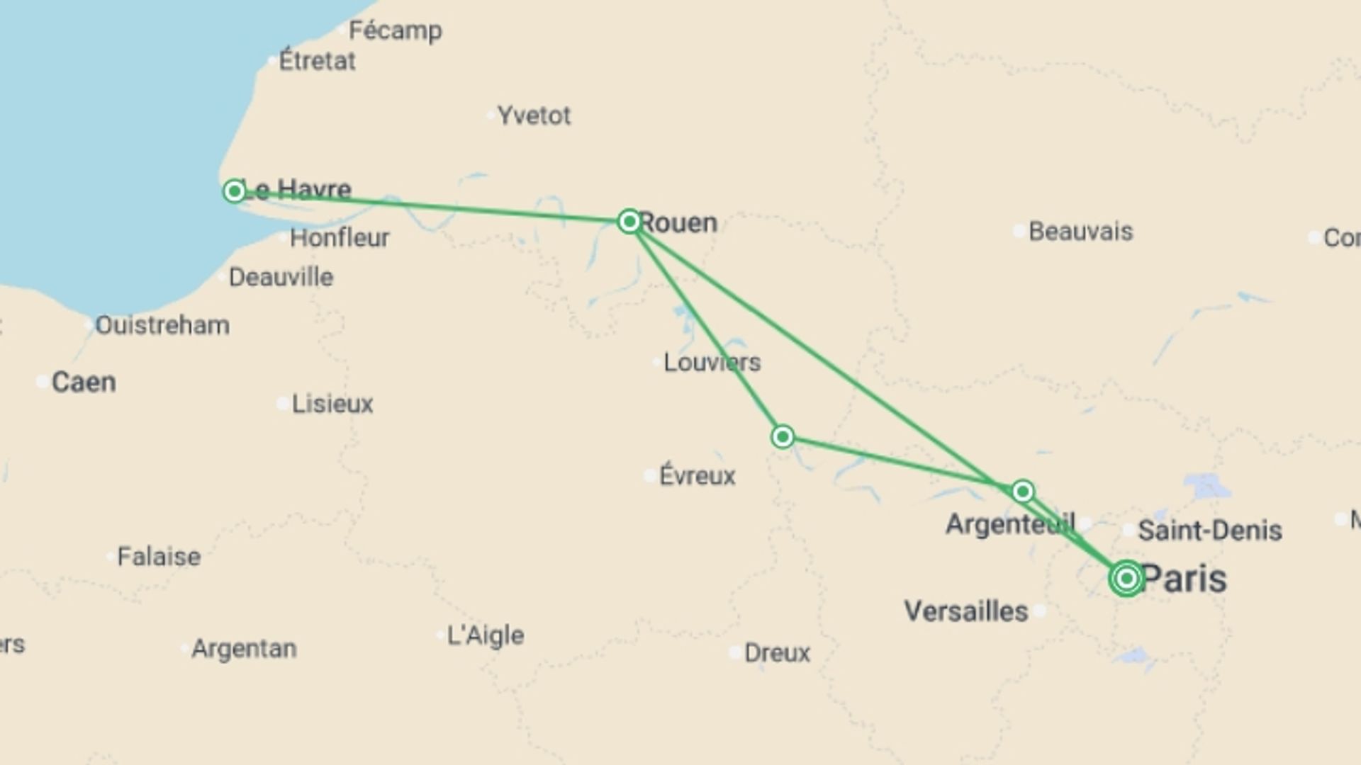 A map showing the tour itinerary for the trip: Magical Seine Cruise, starting in Paris, France and ending in CONFLANS-SAINTE-HONORINE, CONFLANS-SAINTE-HONORINE going through 4 other destinations.