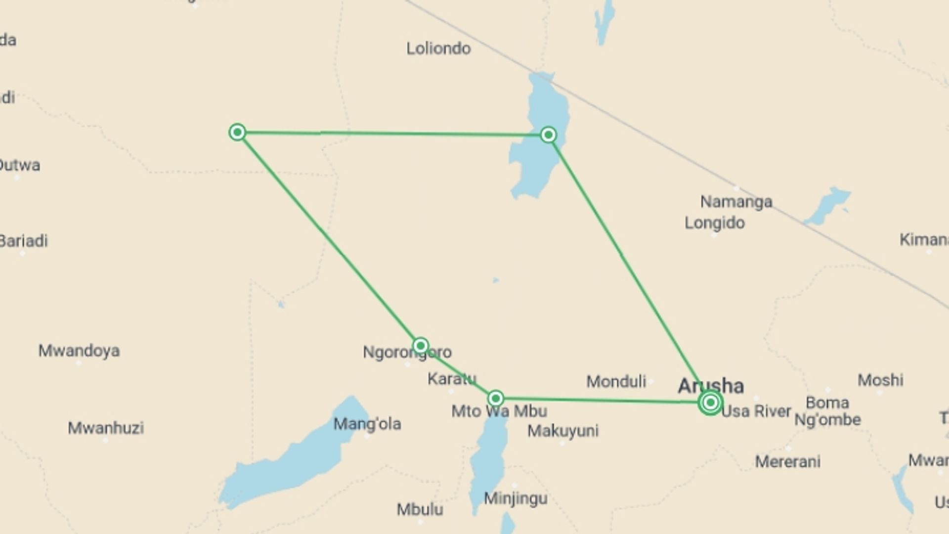 A map showing the tour itinerary for the trip: 6-Day Tanzania Cultural Camping Safari, starting in Arusha, Tanzania and ending in Arusha, Tanzania going through 5 other destinations.