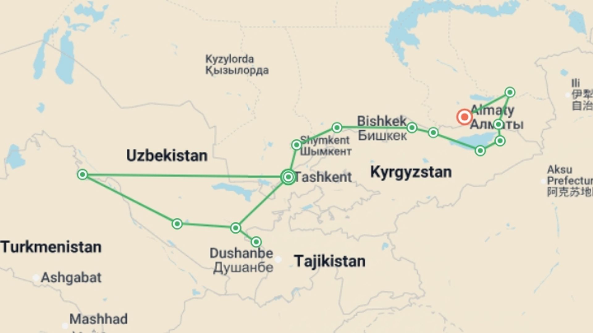 A map showing the tour itinerary for the trip: The Stans: The Ultimate Adventure through the Silk Road, starting in Tashkent, Uzbekistan and ending in Almaty, Kazakhstan going through 12 other destinations.
