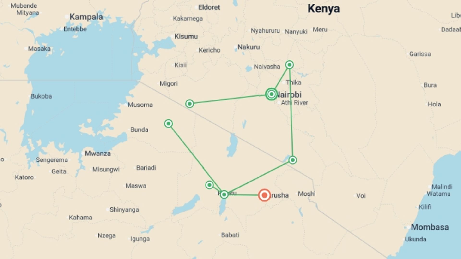 A map showing the tour itinerary for the trip: Kenya and Tanzania Adventure, starting in Nairobi, Kenya and ending in Arusha, Tanzania going through 5 other destinations.