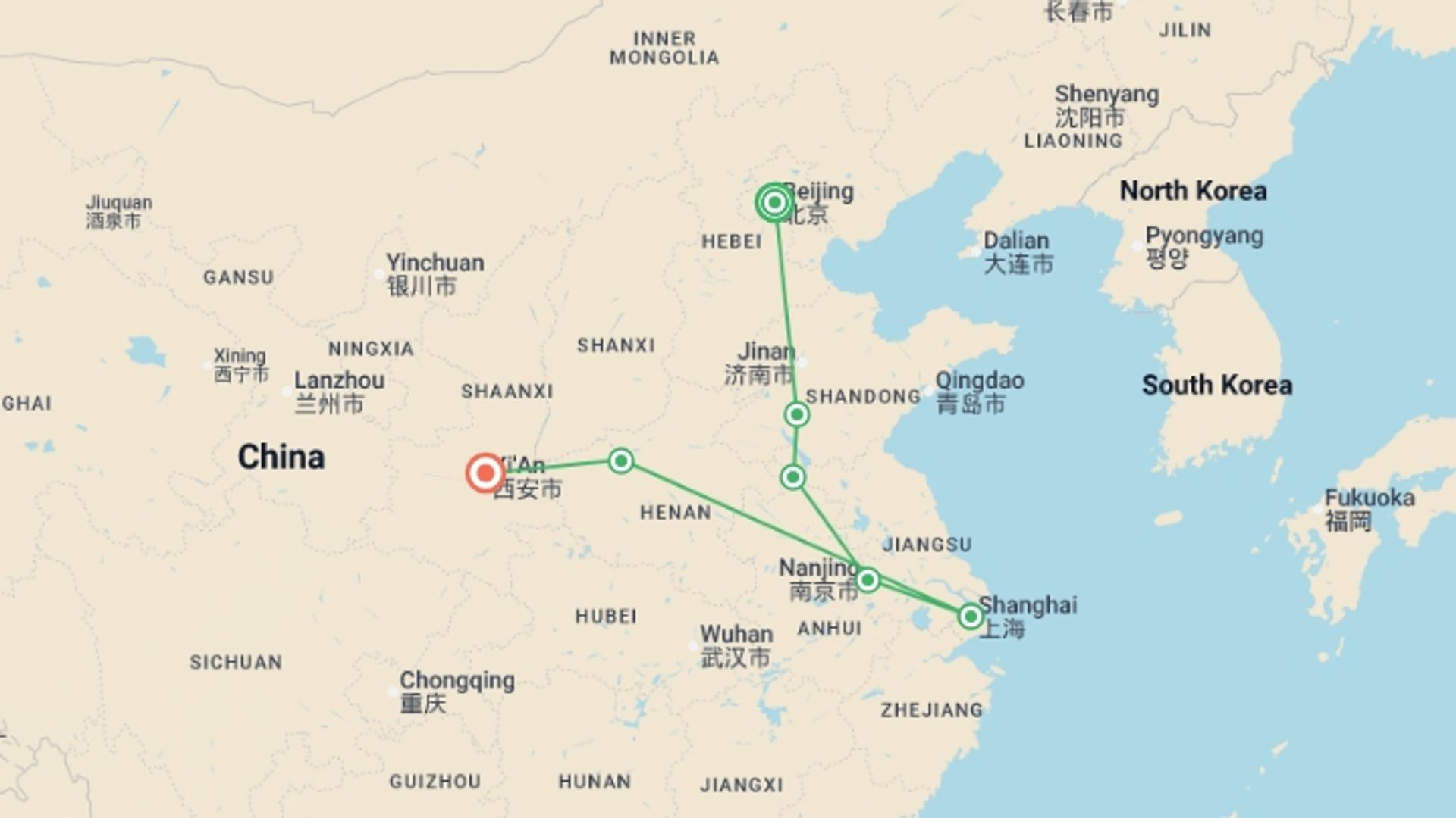 A map showing the tour itinerary for the trip: Traditional China, starting in Beijing, China and ending in Xian, China going through 5 other destinations.