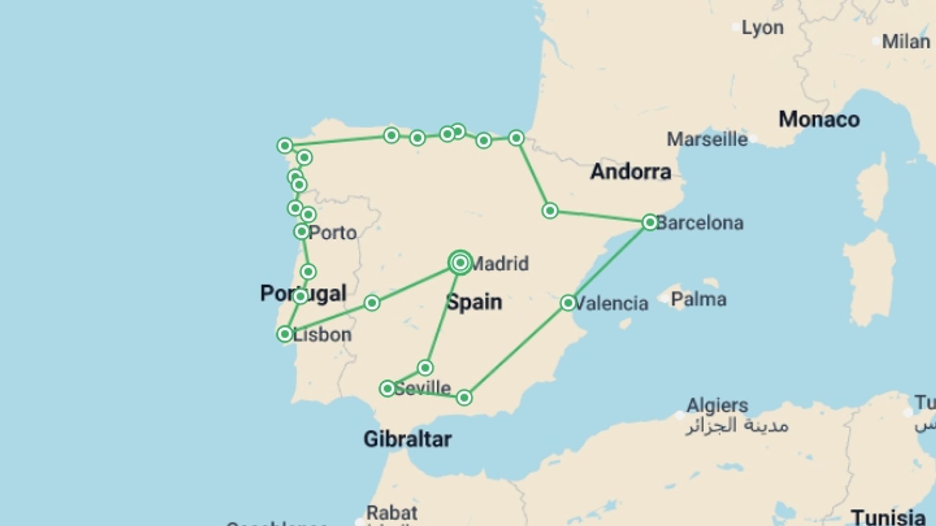 A map showing the tour itinerary for the trip: Highlights of Iberia - 18 days, starting in Madrid, Spain and ending in Madrid, Spain going through 13 other destinations.
