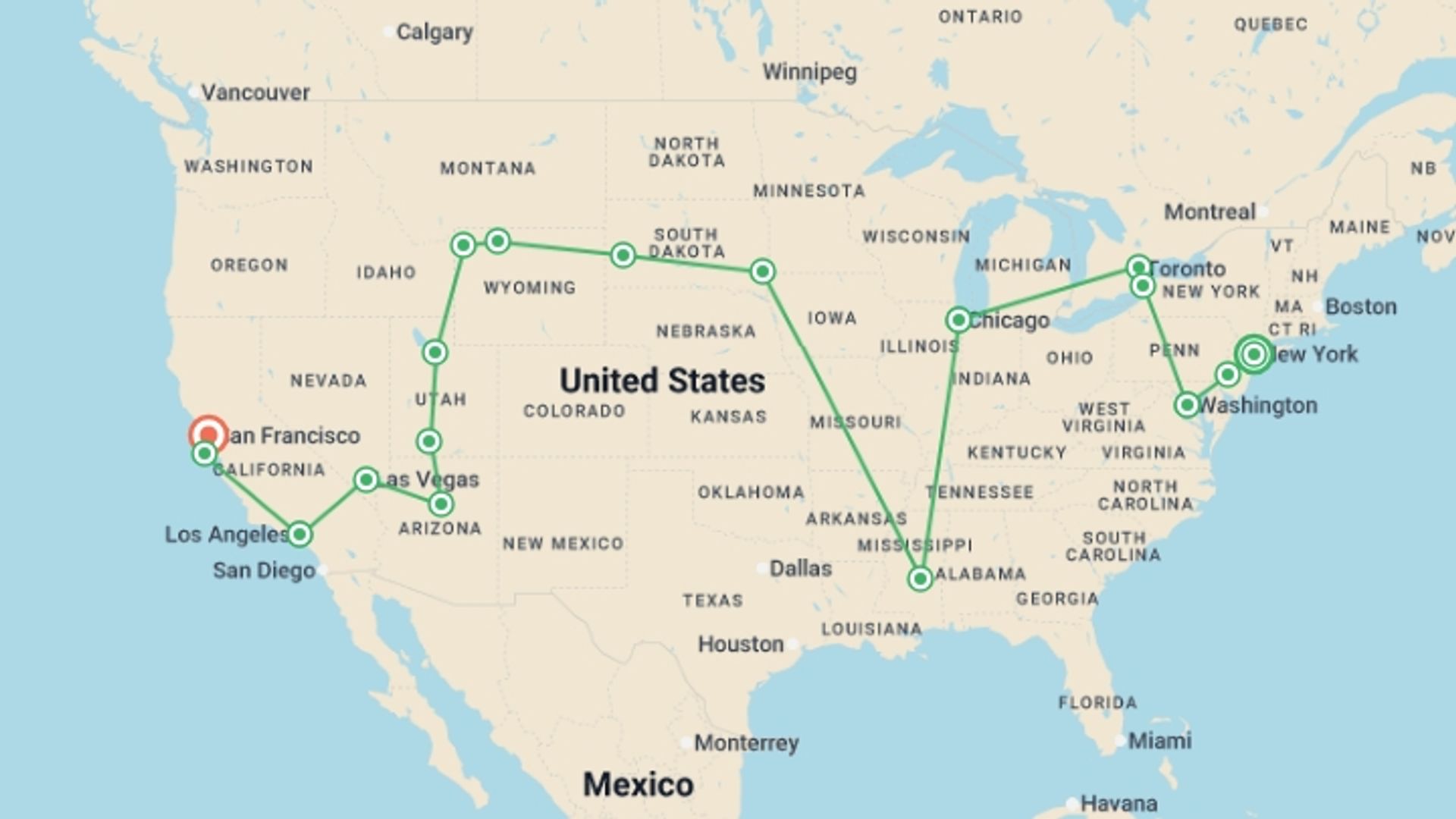 A map showing the tour itinerary for the trip: The Great American Crossing, starting in New York, USA and ending in San Francisco, USA going through 14 other destinations.