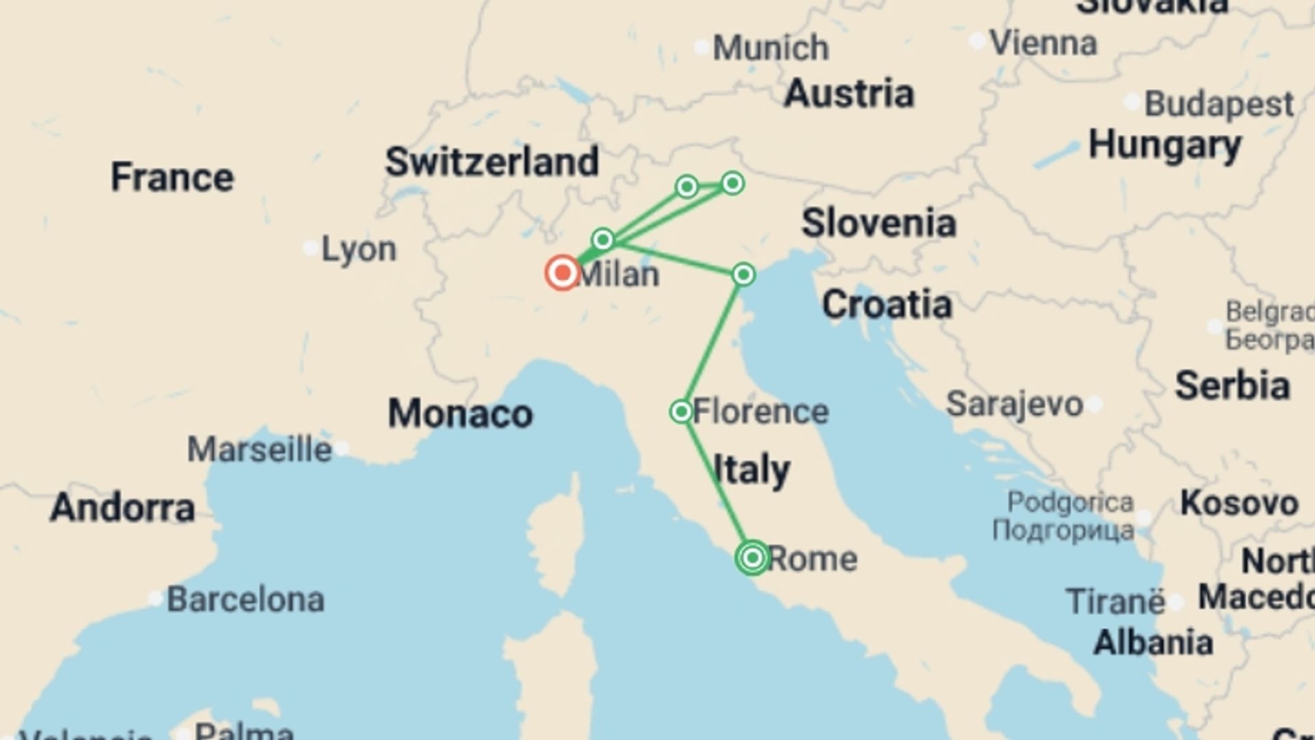 A map showing the tour itinerary for the trip: Rome to Milan Encompassed - 17 days, starting in Rome, Italy and ending in Milan, Italy going through 5 other destinations.