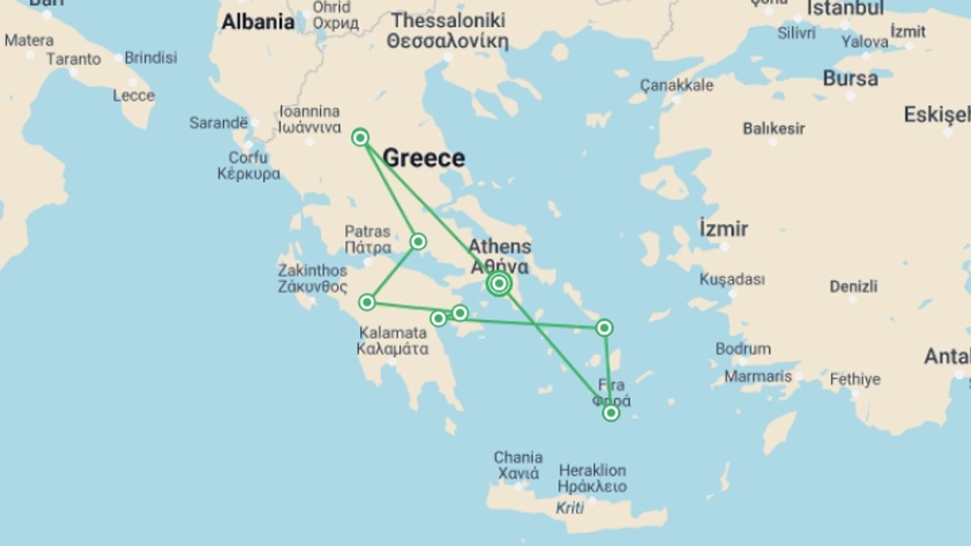 A map showing the tour itinerary for the trip: Best of Greece, starting in Athens, Greece and ending in Athens, Greece going through 6 other destinations.