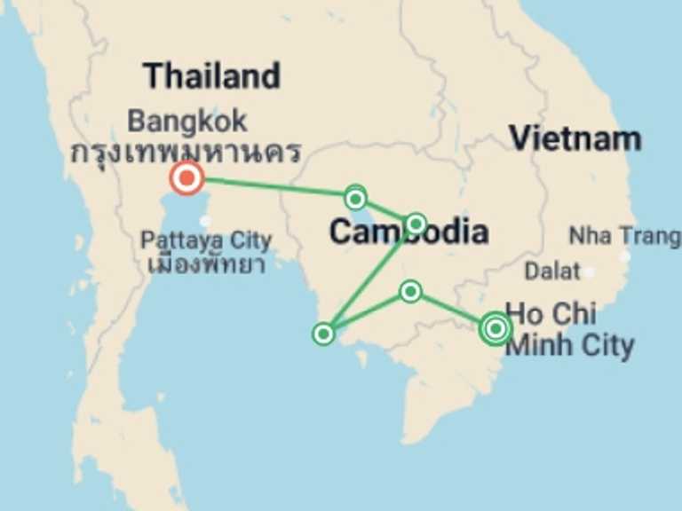 Map of 10-Day Ho Chi Minh City Tour with 7 destination visits for the trip: Real Cambodia