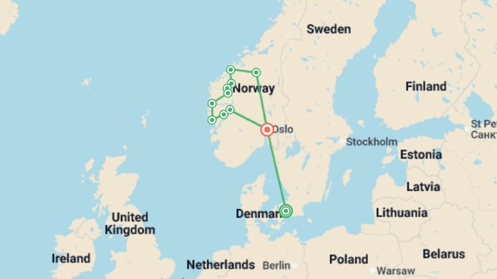 A map showing the tour itinerary for the trip: Fjords, Charms & Traditions from Copenhagen - 11 days, starting in Copenhagen, Denmark and ending in Oslo, Norway going through 5 other destinations.