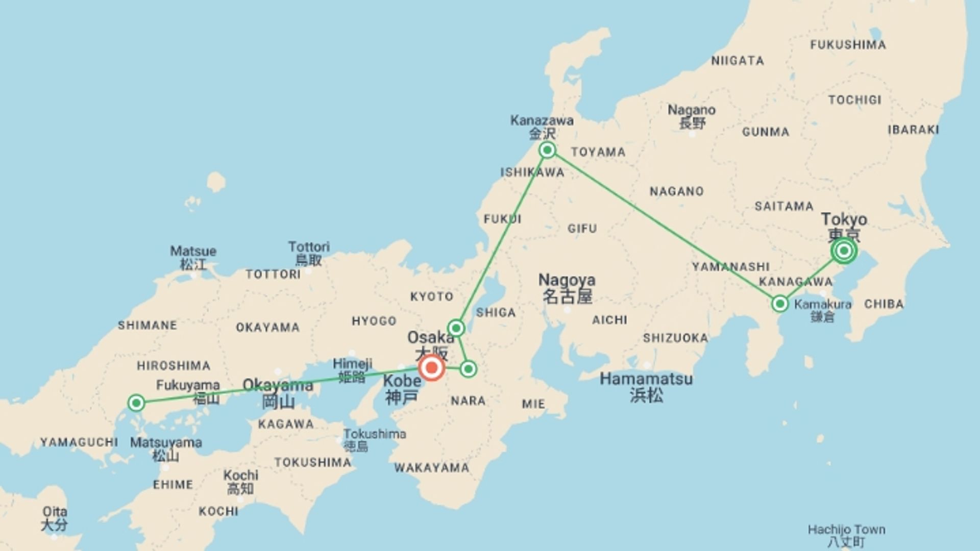 A map showing the tour itinerary for the trip: Japan Cherry Blossom Small Group Tour, starting in Tokyo, Japan and ending in Osaka, Japan going through 4 other destinations.