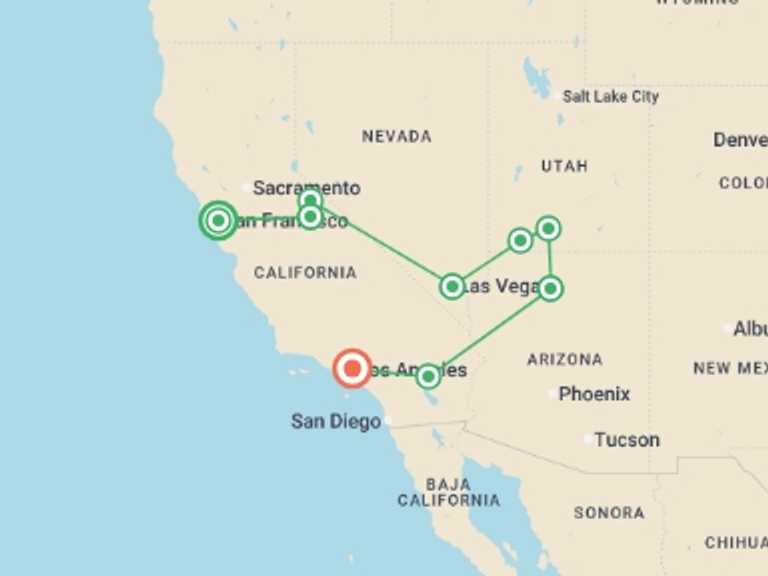 Map of Bryce Canyon National Park Tour with 9 destination visits for the trip: Real San Francisco to LA
