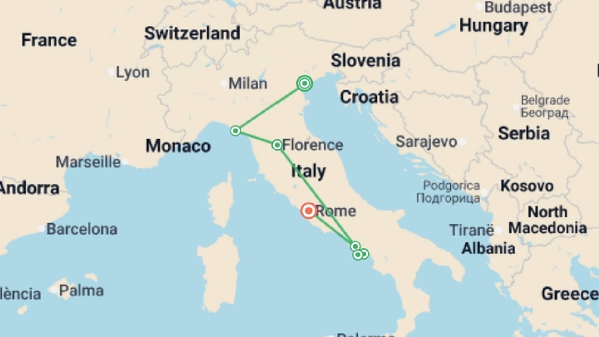 A map showing the tour itinerary for the trip: Journeys: Iconic Italy, starting in Venice, Italy and ending in Rome, Italy going through 5 other destinations.