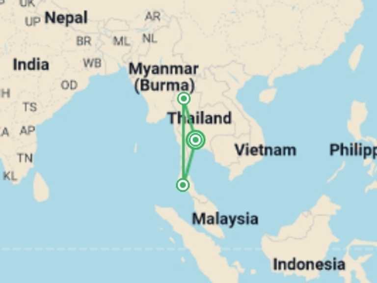 Map itinerary of Asia Tour in April 2027 with 3 destination visits for the trip: Bangkok Basics, Chiang Mai City Package & Krabi Beach Package, Small Group Tour