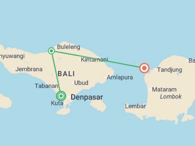 Map itinerary of South East Asia Tour in July 2026 with 3 destination visits for the trip: Canggu to Gili T  - 9 days