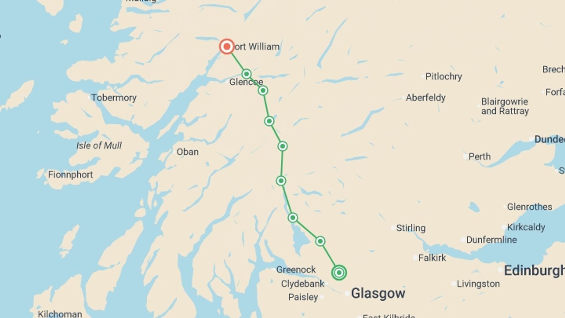 A map showing the tour itinerary for the trip: Walking the West Highland Way - 10 Days, starting in Milngavie, Scotland and ending in Fort William, Scotland going through 7 other destinations.
