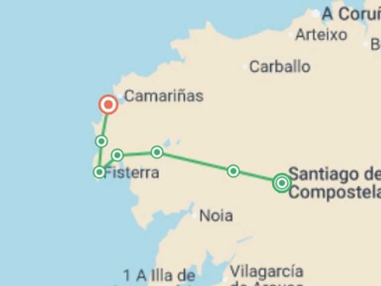 Map of a Adventure and sport Tour with 7 destination visits for the trip: Camino de Santiago to Muxia - 8 days
