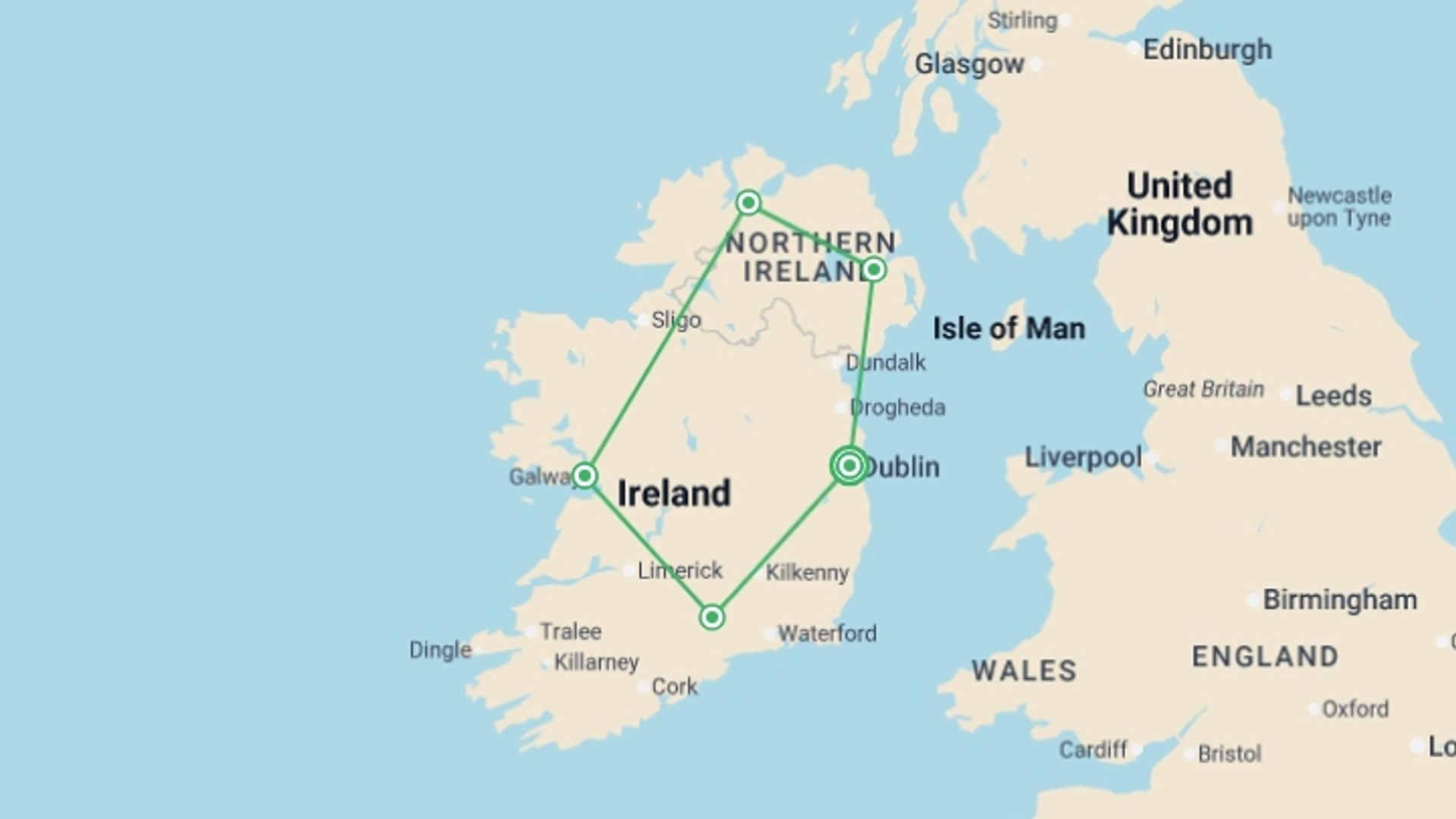 A map showing the tour itinerary for the trip: Ireland in a Week 35 to 45, starting in Dublin, Ireland and ending in Dublin, Ireland going through 4 other destinations.