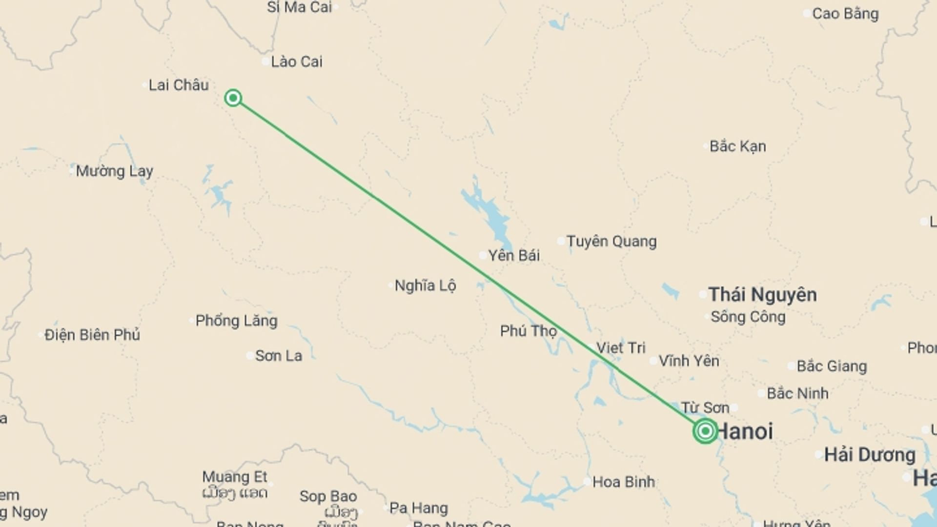A map showing the tour itinerary for the trip: Secrets of Sapa - 4 days, starting in Hanoi, Vietnam and ending in Hanoi, Vietnam going through 1 other destinations.