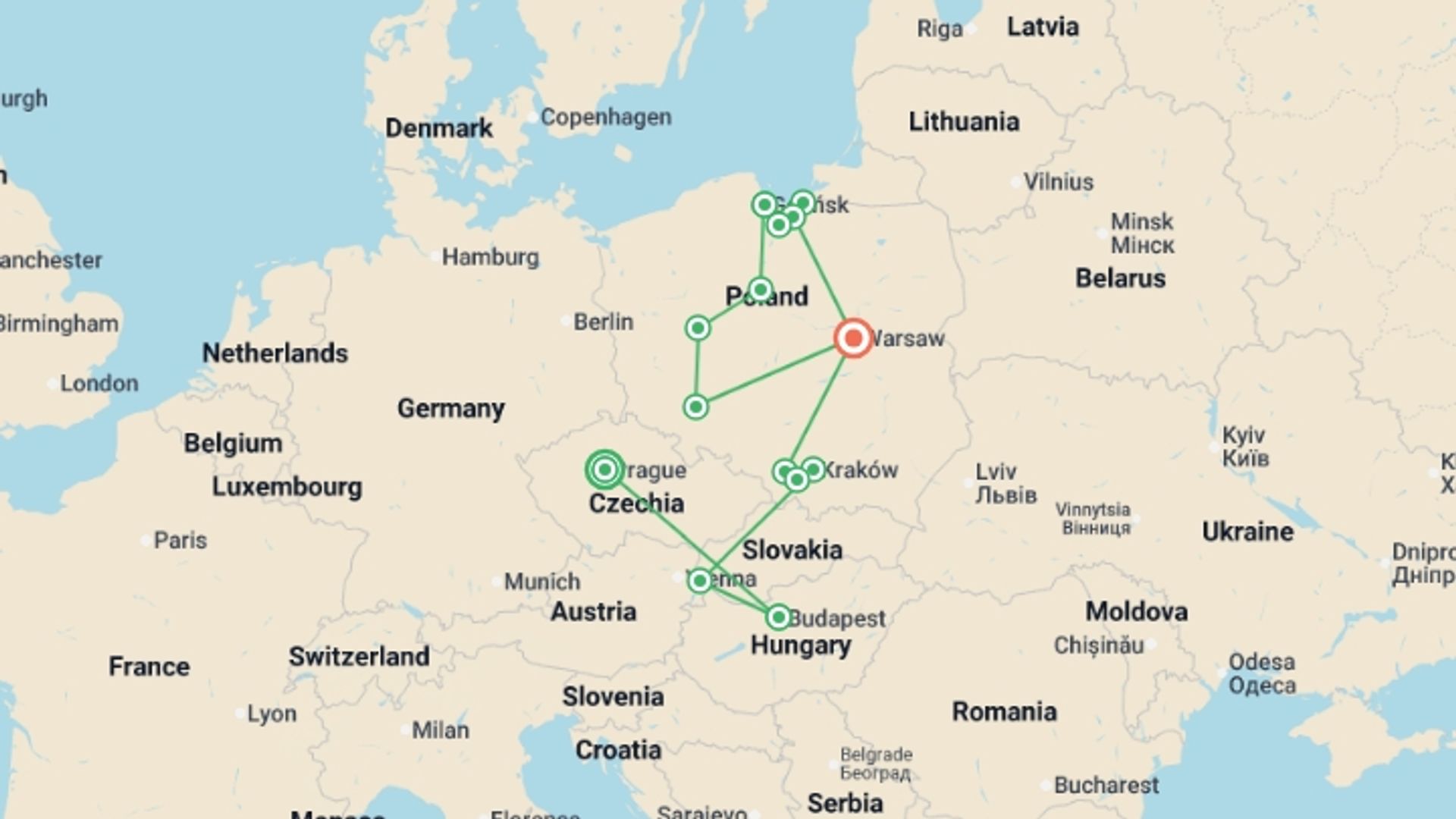 A map showing the tour itinerary for the trip: Czech Republic, Budapest, and Tour of Northern Poland, starting in Prague, Czech Republic and ending in Warsaw, Poland going through 4 other destinations.